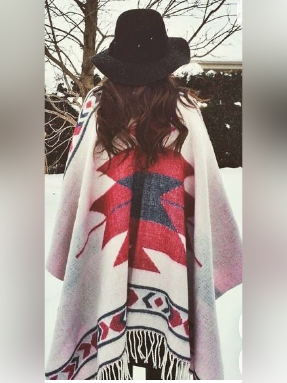 Boho Red & Cream Aztec Fringe Poncho Coat